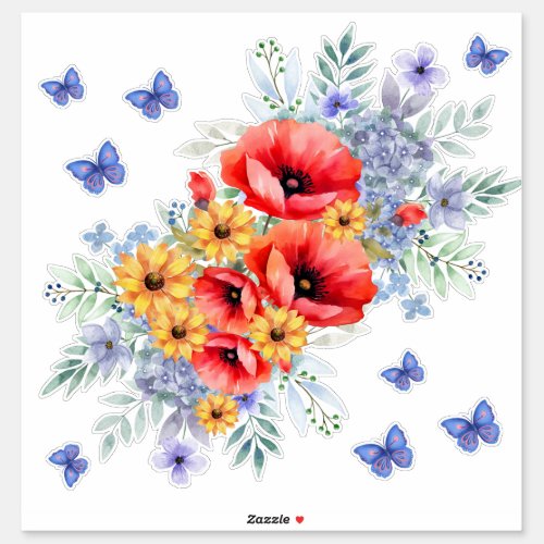 Delightful Red Poppies Sunflowers  Butterflies Sticker