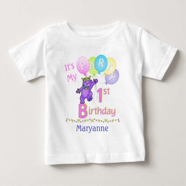 Delightful Royal Bear 1st Birthday Party Baby T-Shirt (Front)