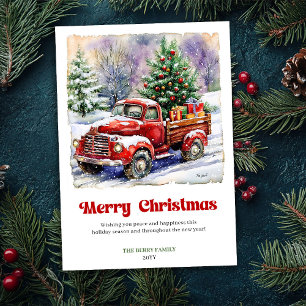 Delightful Rustic Red Truck Winter Scene Holiday Card