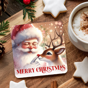 Delightful Santa and Rudolph Christmas Paper  Square Paper Coaster