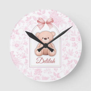 Delilah   Custom Pink Teddy Bear Nursery Design  Round Clock