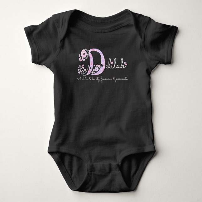 Delilah name meaning monogram hearts pink baby bodysuit (Front)