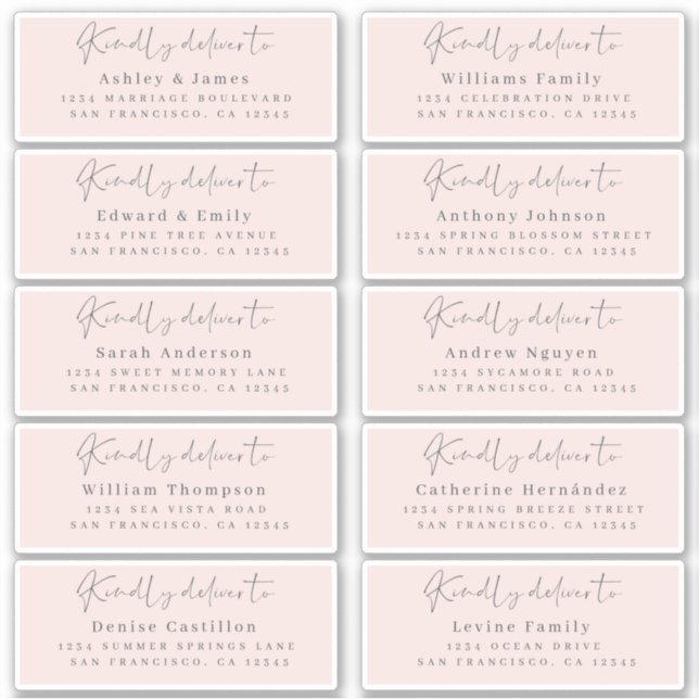 Deliver to Chic Script Pink Wedding Guest Address Sticker (Front)