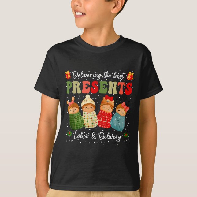 Delivering The Baby Labor Delivery Nurse Christmas T-Shirt (Front)