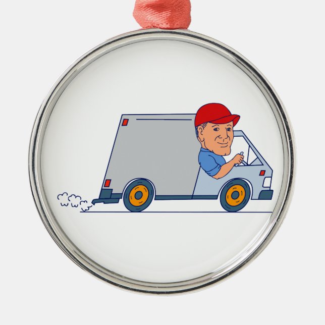 Delivery Man Driving Truck Van Cartoon Metal Ornament (Front)