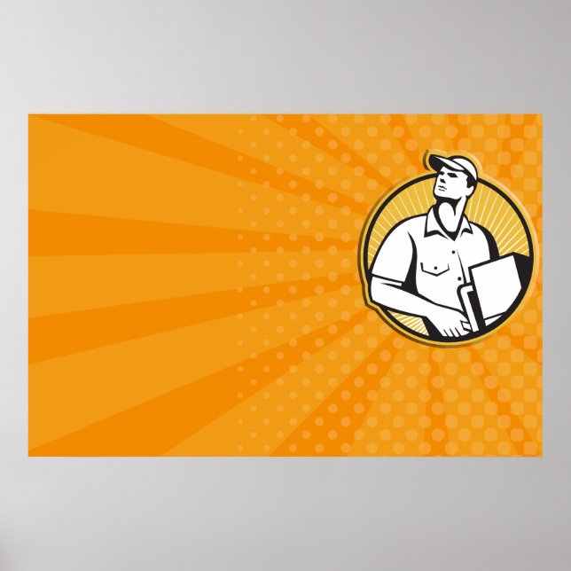 Delivery Man Pushing Dolly With Carton Retro Poster (Front)