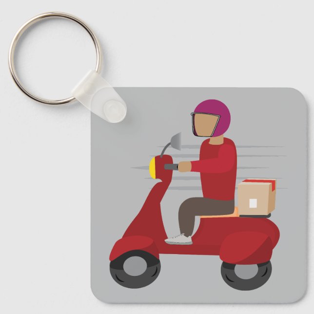 Delivery Person Driving a Scooter Keychain (Front)