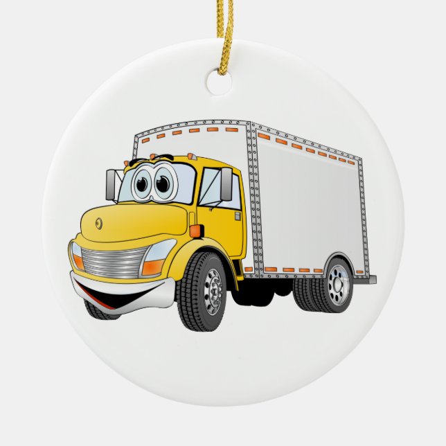 Delivery Truck Yellow White Box Cartoon Ceramic Ornament (Front)