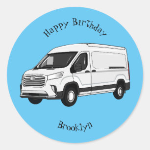 Delivery van cartoon illustration classic round sticker