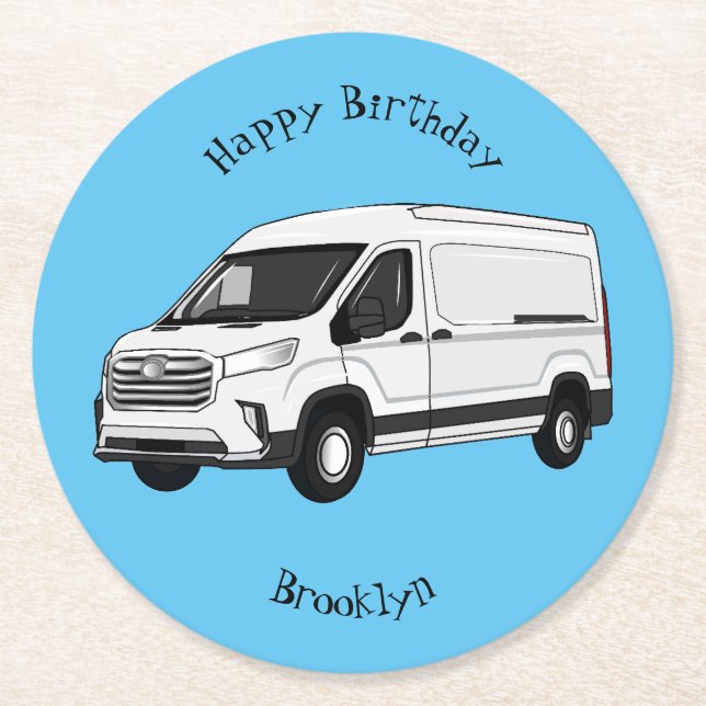 Delivery van cartoon illustration round paper coaster (Front)