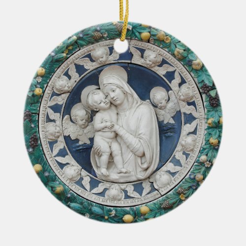 Della Robbia Madonna Child Cherubs Garland Blue Ceramic Ornament