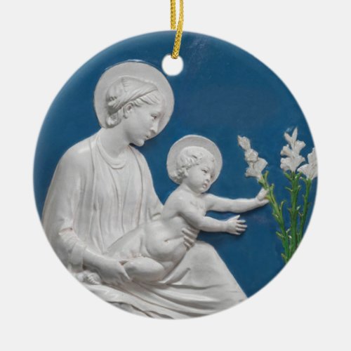 Della Robbia Madonna  Child w Lilies Blue White Ceramic Ornament