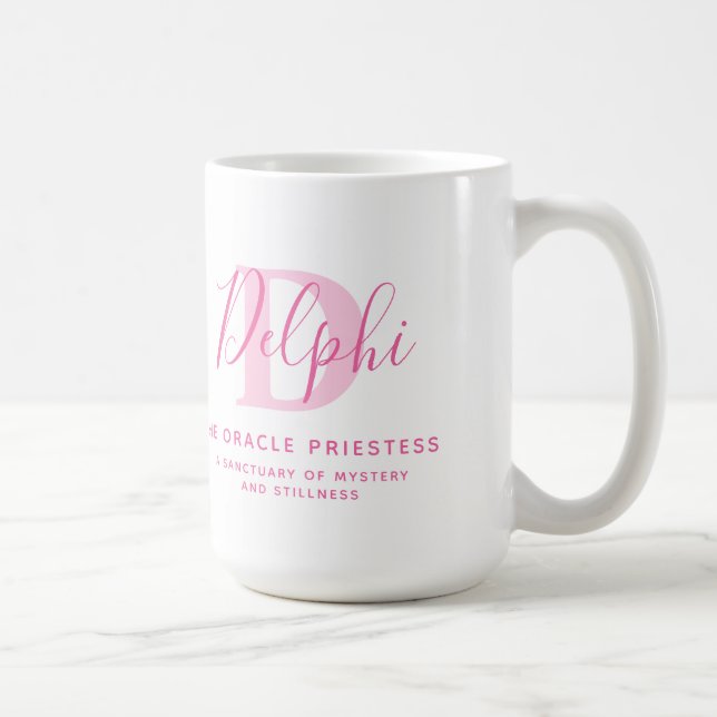 Delphi name meaning and monogram pink text coffee mug (Right)