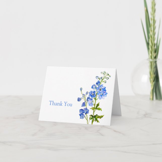 Delphinium art blue wedding thank you card (Front)
