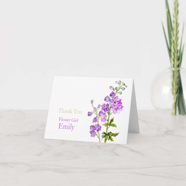Delphinium art wedding flower girl thank you card (Front)