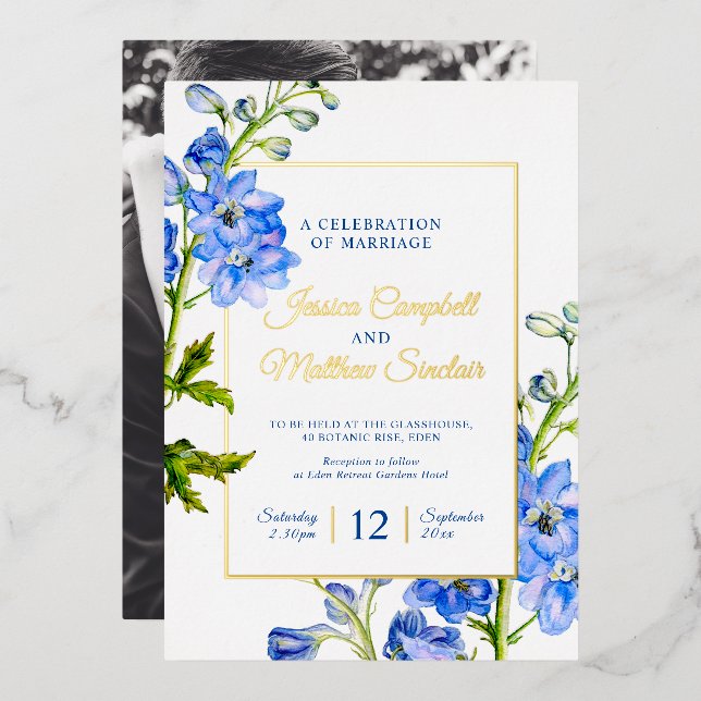Delphinium blue flowers and gold summer wedding foil invitation (Front/Back)