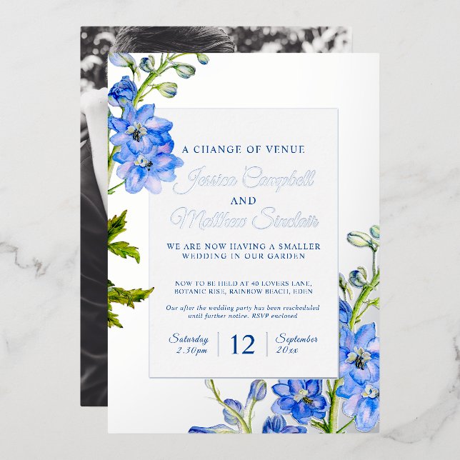Delphinium blue flowers change of venue wedding  foil invitation (Front/Back)