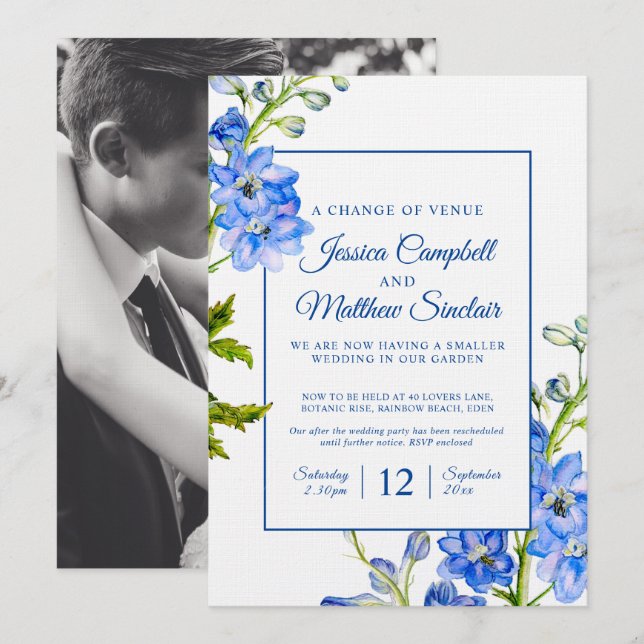 Delphinium blue flowers change of venue wedding invitation (Front/Back)