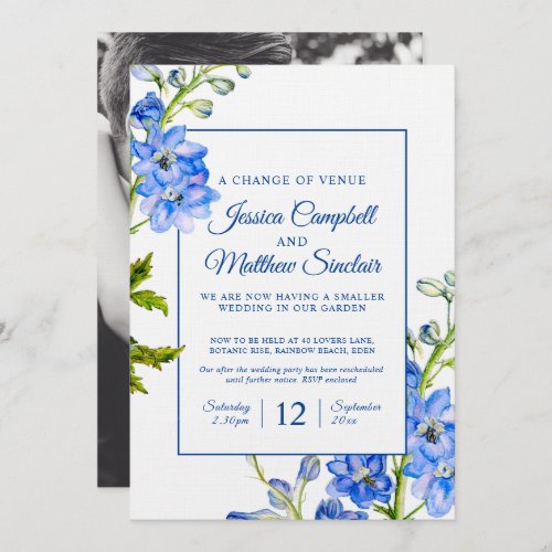 Delphinium blue flowers change of venue wedding invitation