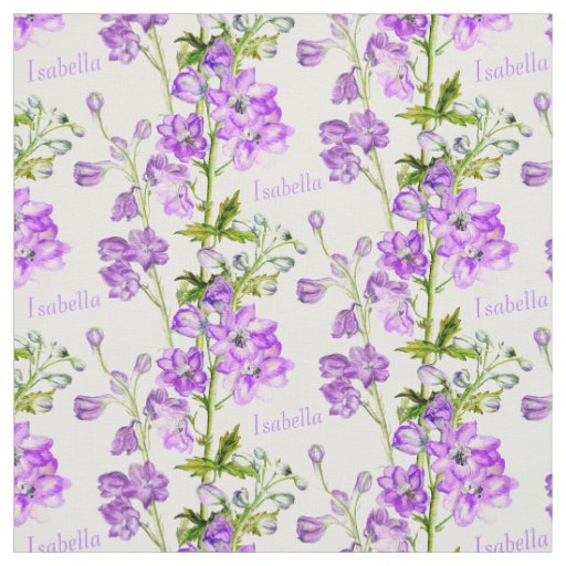Delphinium botanical art purple white name fabric