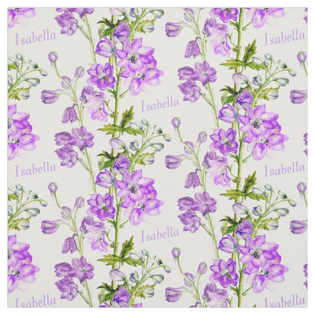 Delphinium botanical art purple white name fabric (Swatch)