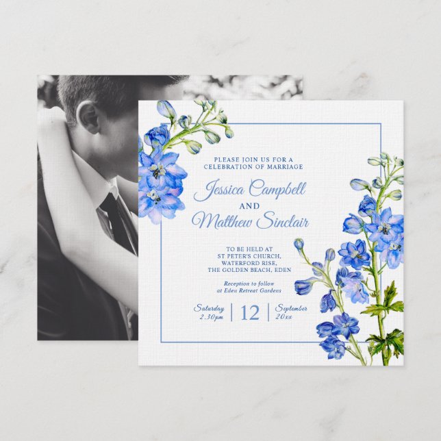 Delphinium flowers blue watercolor art wedding invitation (Front/Back)