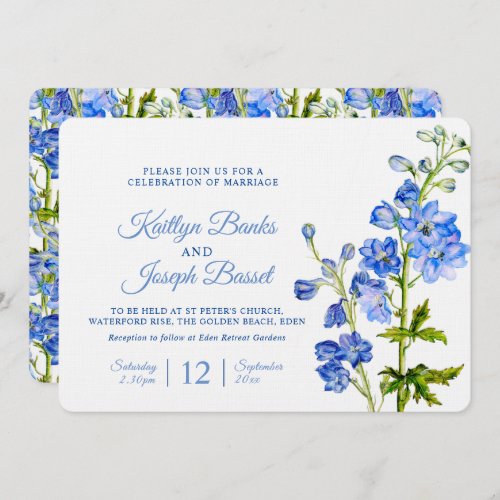 Delphinium flowers blue watercolor art wedding invitation