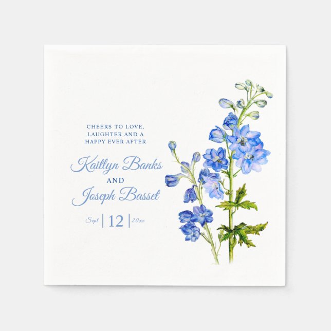 Delphinium flowers blue watercolor art wedding napkins (Front)