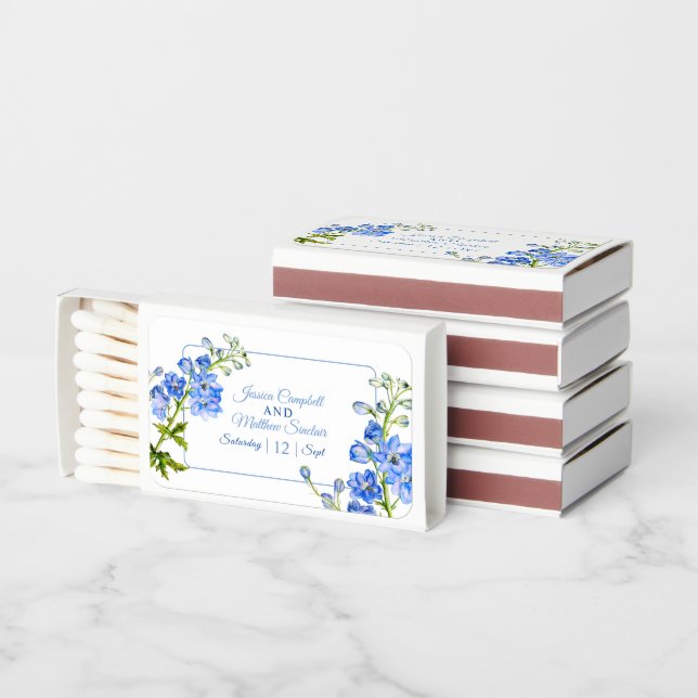Delphinium flowers blue watercolor wedding matchboxes (Stacked)