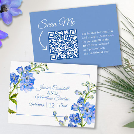 Delphinium Flowers Blue Watercolor Wedding Qr Code Enclosure Card