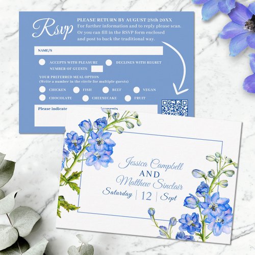 Delphinium flowers blue watercolor wedding QR code RSVP Card
