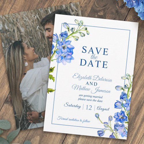 Delphinium painted blue flower photo wedding save the date