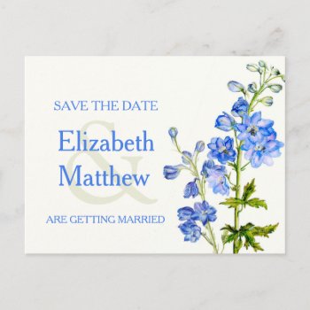 Delphinium Painted Blue Flower Save The Date Card by mylittleedenweddings at Zazzle