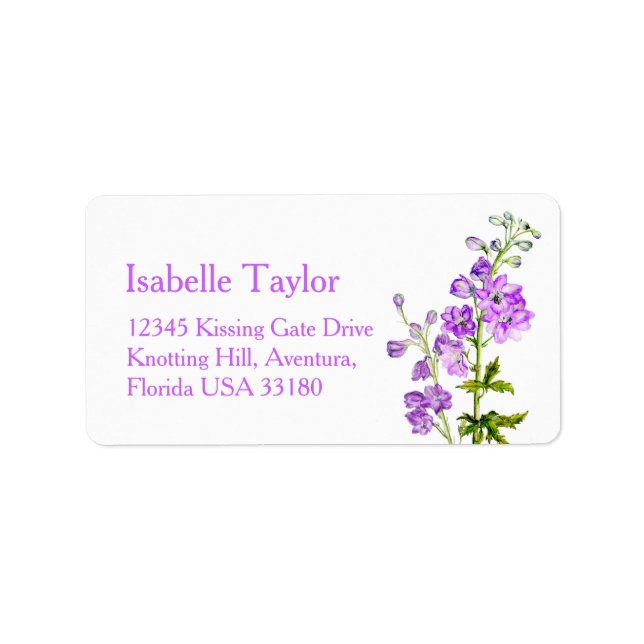 Delphinium painted purple wedding address label (Front)