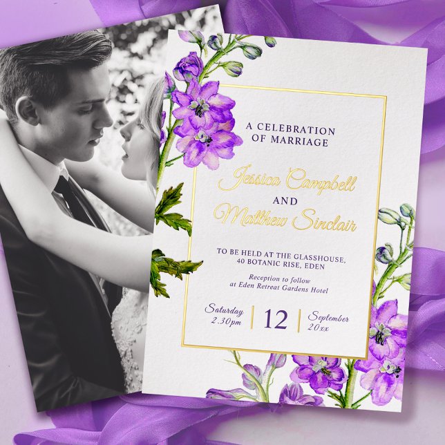Delphinium purple flowers and gold summer wedding foil invitation (Creator Uploaded)