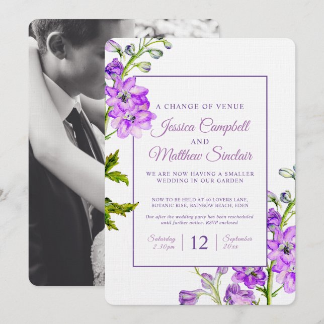 Delphinium purple flowers change of venue wedding invitation (Front/Back)