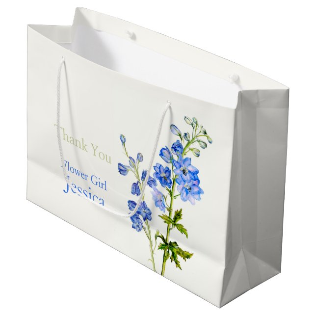 Delphinium wedding blue flower girl favor gift bag (Front Angled)