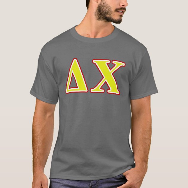 grey shirt with yellow writing