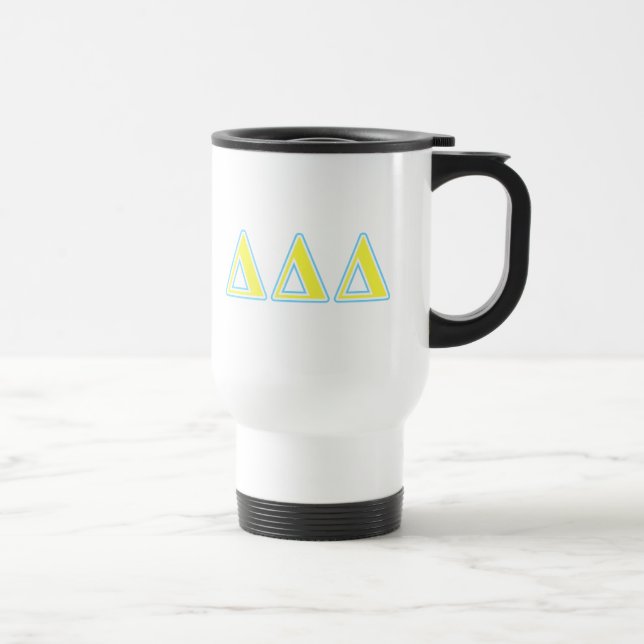 Delta Delta Delta Blue and Yellow Letters Travel Mug (Right)