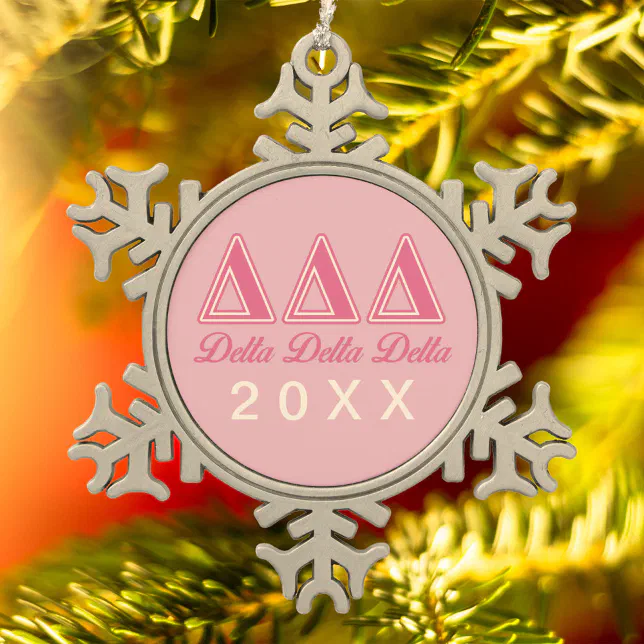 Delta Delta Delta Pink Letters Snowflake Pewter Christmas Ornament

