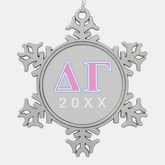 Delta Gamma Pink and Blue Letters Snowflake Pewter Christmas Ornament (Front)