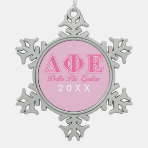 Delta Phi Epsilon Pink Letters Snowflake Pewter Christmas Ornament