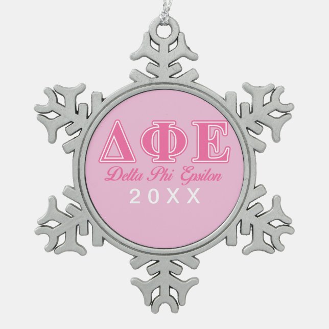 Delta Phi Epsilon Pink Letters Snowflake Pewter Christmas Ornament (Front)