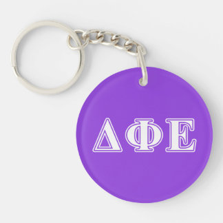 Delta Phi Epsilon White and Purple Letters Keychain