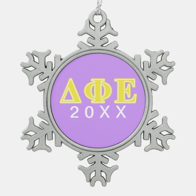 Delta Phi Epsilon Yellow Letters Snowflake Pewter Christmas Ornament (Front)