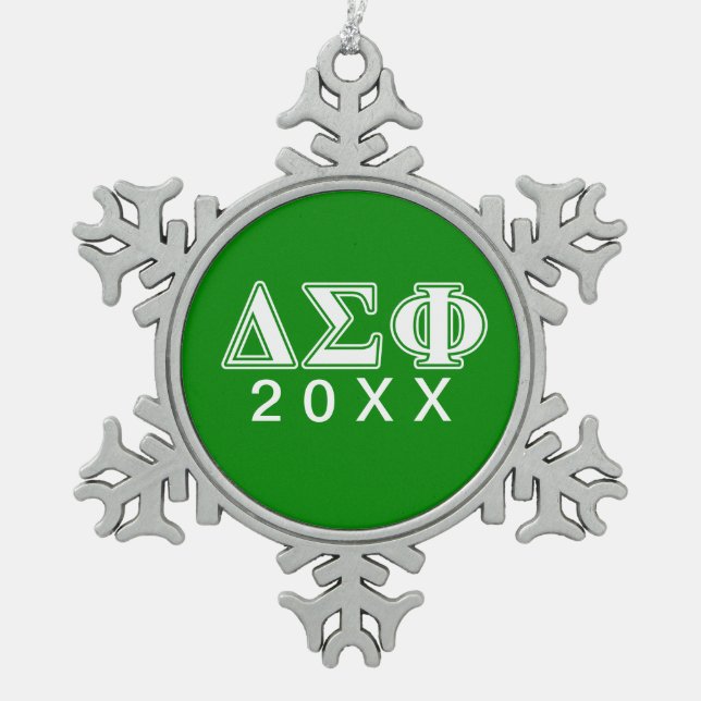 Delta Sigma Phi White Letters Snowflake Pewter Christmas Ornament (Front)