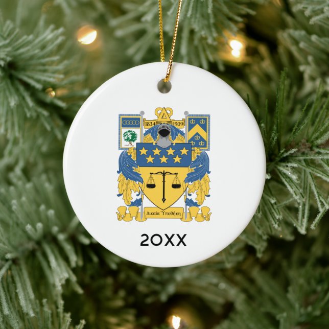 Delta Upsilon Fraternity Blue & Gold Coat of Arms Ceramic Ornament (Tree)