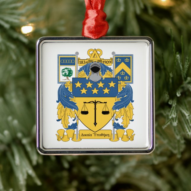Delta Upsilon Fraternity Blue & Gold Coat of Arms Metal Ornament (Tree)