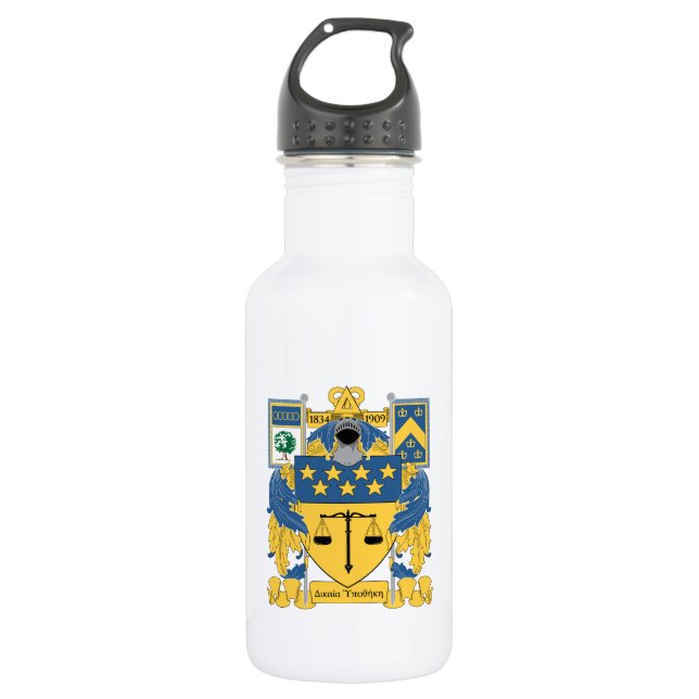 Delta Upsilon Fraternity Blue & Gold Coat of Arms Stainless Steel Water Bottle (Front)