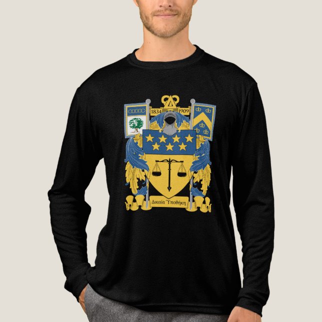 Delta Upsilon Fraternity Blue & Gold Coat of Arms Tri-Blend Shirt (Front)